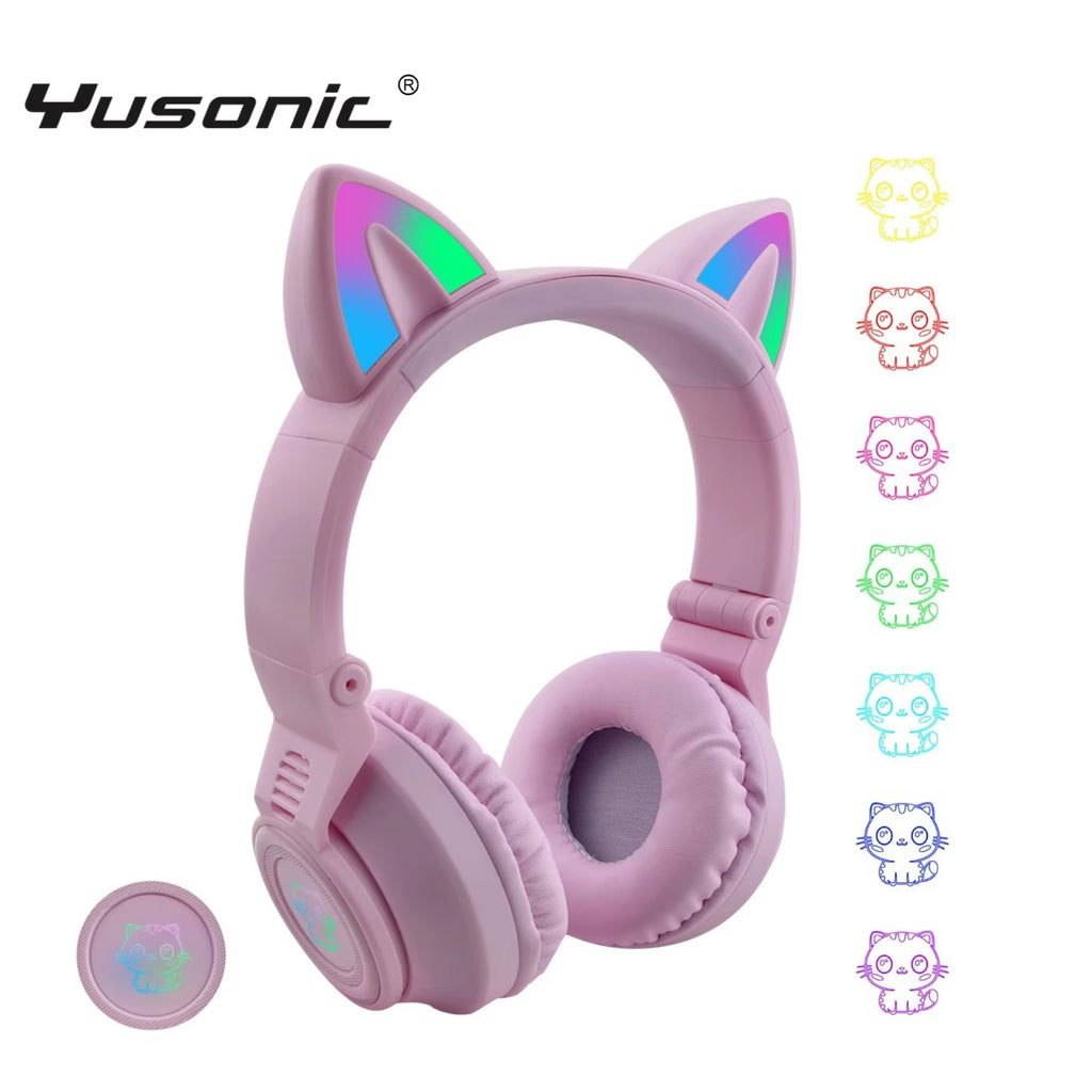 BSCI Factory Cute and Lovely Kids Headset Wireless Child Headphone with Cat Ear Kids Light up for Fire Tablet/Laptop/Pad